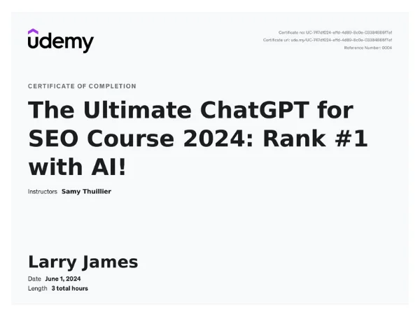 Certificate for ChatGPT SEO course completion 2024.