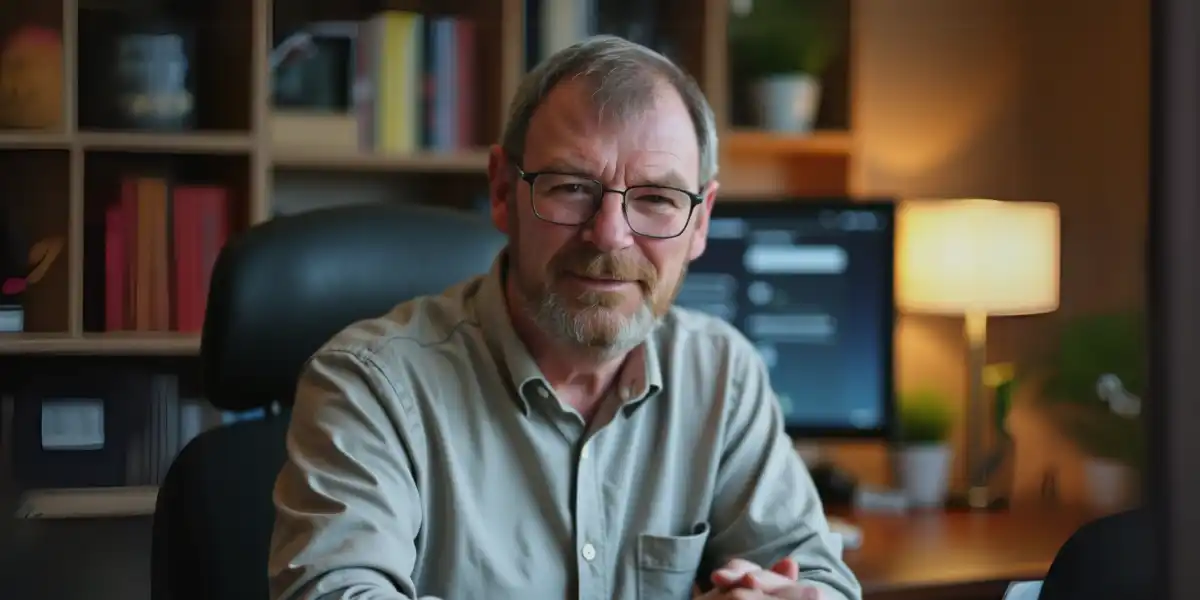 Man sitting in office with computer background.