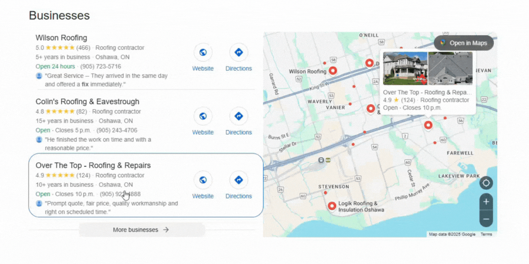 Oshawa roofing businesses with ratings on map.