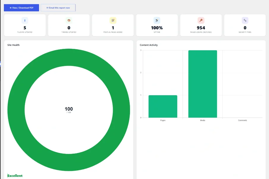 Website dashboard showing site health and content activity metrics.
